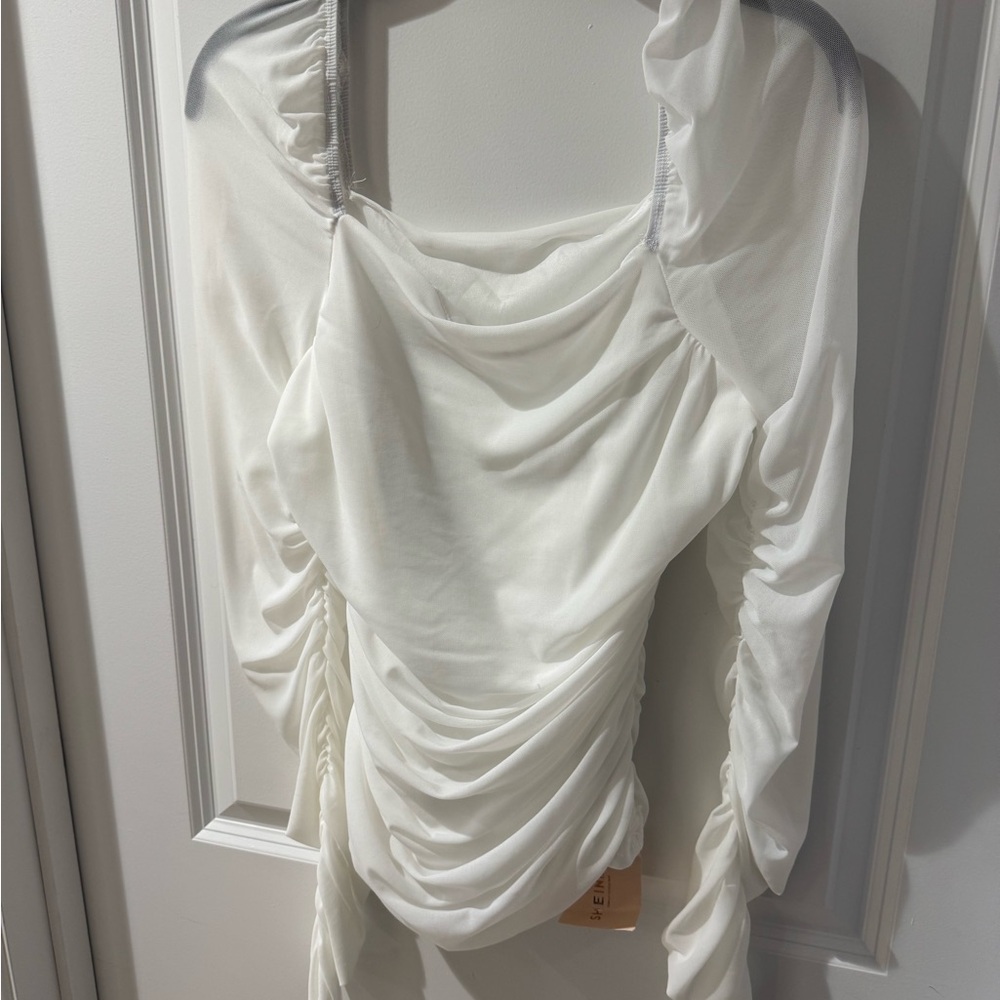 White Ruched Shirt with Mesh Long Sleeves